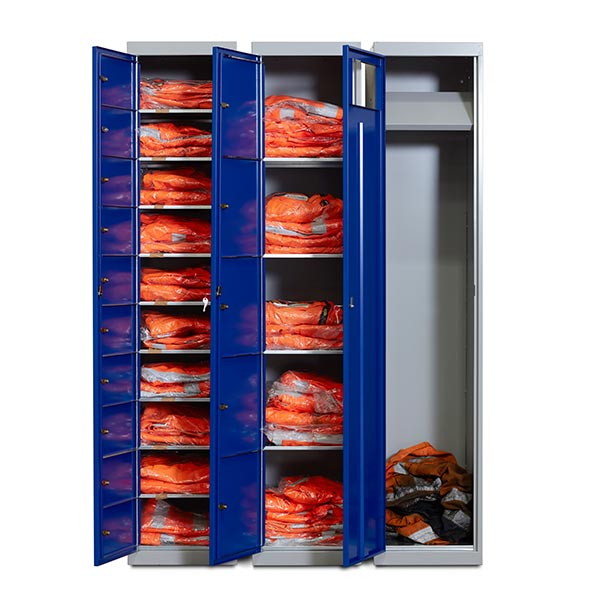phs besafe managed locker service 10 door blue locker filled with garments